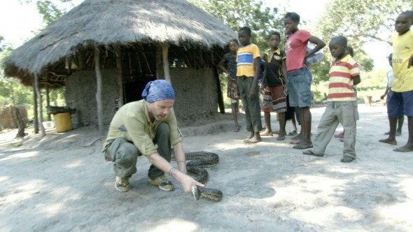 In Mozambique, Dominic Monaghan attends to a wounded rock python that a group of schoolchildren discovered nearby.