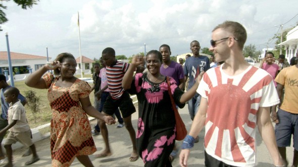 Dominic Monaghan excitedly takes part in the celebrations surrounding the annual fishing festival in Vilanculos, Mozambique.