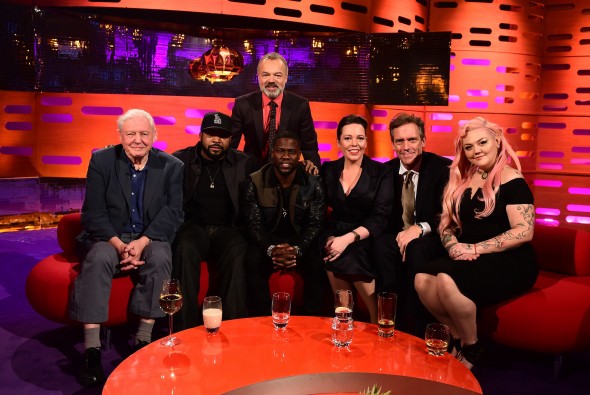 (left to right) Sir David Attenborough, Ice Cube, presenter Graham Norton, Kevin Hart, Olivia Colman, Hugh Laurie and Elle King, during the filming of the Graham Norton Show at The London Studios, south London, to be aired on BBC One on Friday evening. Photo Credit: © BBC