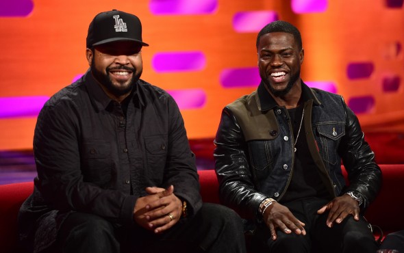 Ice Cube (left) and Kevin Hart during the filming of the Graham Norton Show at The London Studios, south London, to be aired on BBC One on Friday evening. Photo Credit: © BBC