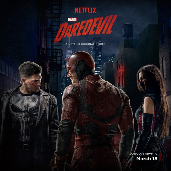 Marvel's Daredevil TV show on Netflix: season 2 poster with Daredevil, The Punisher, Elektra (season two canceled or renewed?)