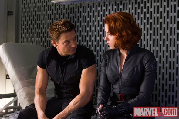 Jeremy Renner and Scarlett Johansson star as Hawkeye and the Black Widow in Marvel's The Avengers, via Marvel.com