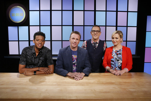 From left, judges Roble Ali, Marc Murphy and Jennie Garth pose with host Ted Allen as seen on Food Network's Chopped Junior, Season 2.