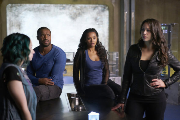 DARK MATTER -- "But First, We Save the Galaxy" Episode 213 -- Pictured: (l-r) Roger Cross as Six, Melanie Liburd as Nyx, Melissa O'Neil as Two -- (Photo by: Russ Martin/Prodigy Pictures/Syfy)