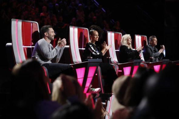 TV series auditions: The Voice TV show on NBC: season 15 (canceled or renewed?); Pictured: (l-r) Adam Levine, Alicia Keys, Kelly Clarkson, Blake Shelton