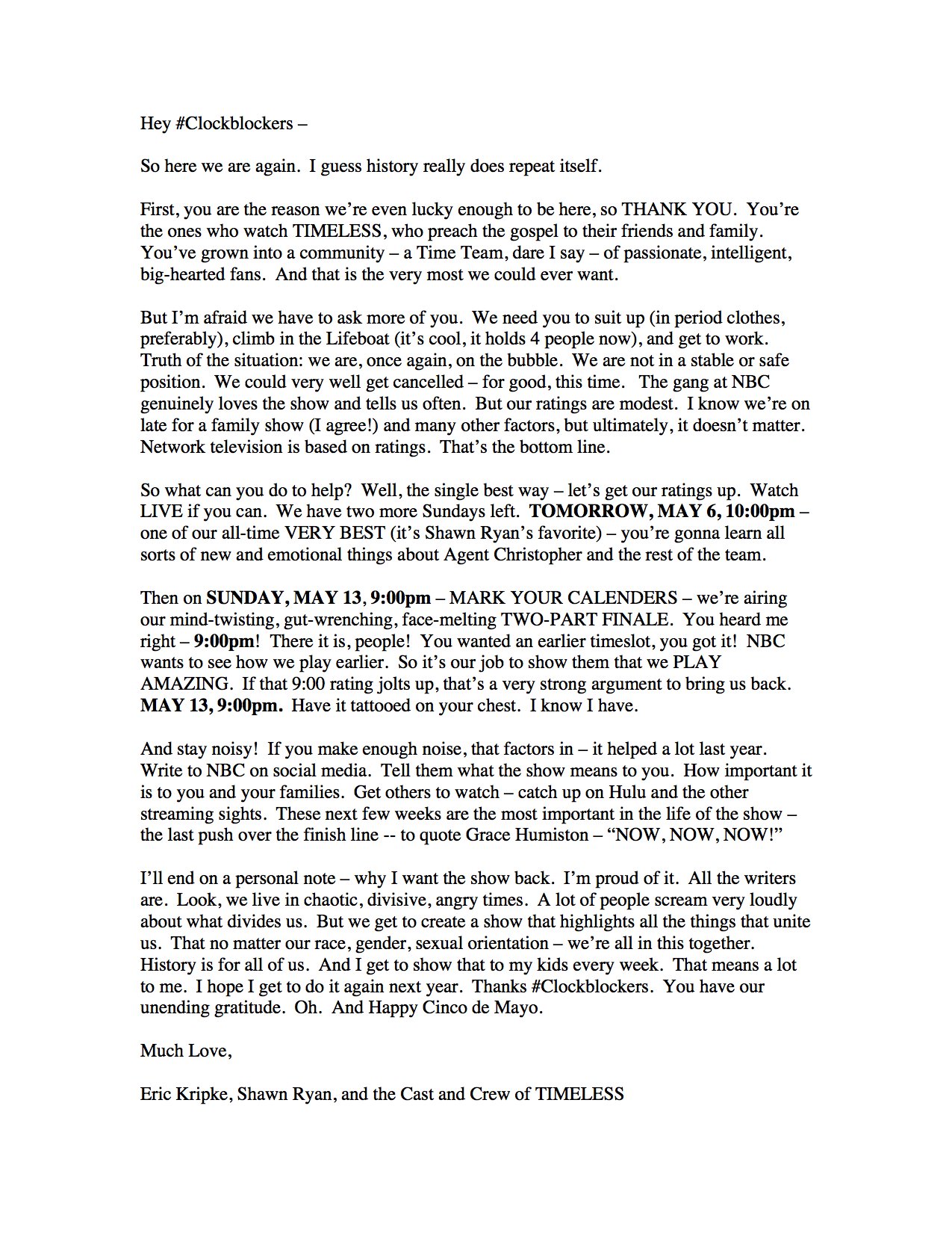 Erick Kripke, Shawn Ryan letter; Timeless season 2 finale; Timeless TV show on NBC: season 3 (canceled or renewed?)