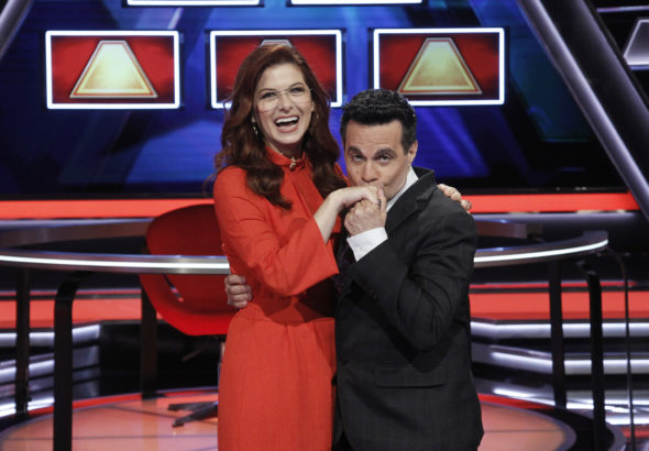 The $100,000 Pyramid TV show on ABC: canceled or season 4? (release date); Vulture Watch; PICTURED: Debra Messing and Mario Cantone