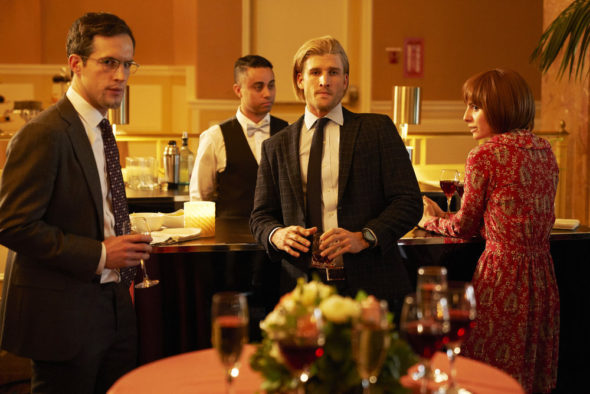 Imposters TV show on Bravo: canceled, no season 3 (canceled or renewed?); Pictured: (l-r) Rob Heaps as Ezra, Parker Young as Richard, Marianne Rendon as Jules