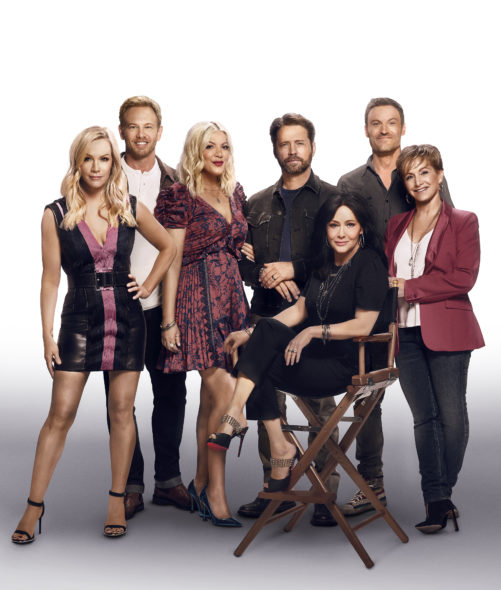 BH90210 TV show on FOX: canceled or renewed for another season? Pictured L-R: Jennie Garth, Ian Ziering, Tori Spelling, Jason Priestley, Shannen Doherty, Brian Austin Green and Gabrielle Carteris.