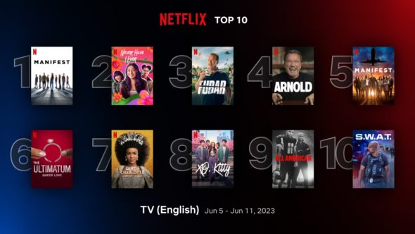 Netflix Top 10 English Language TV shows for week of June 5, 2023 - Manifest, Never Have I Ever, FUBAR, Arnold, Manifest, The Ultimate: Queer Love, Queen Charlotte, XO Kitty, All American, and SWAT